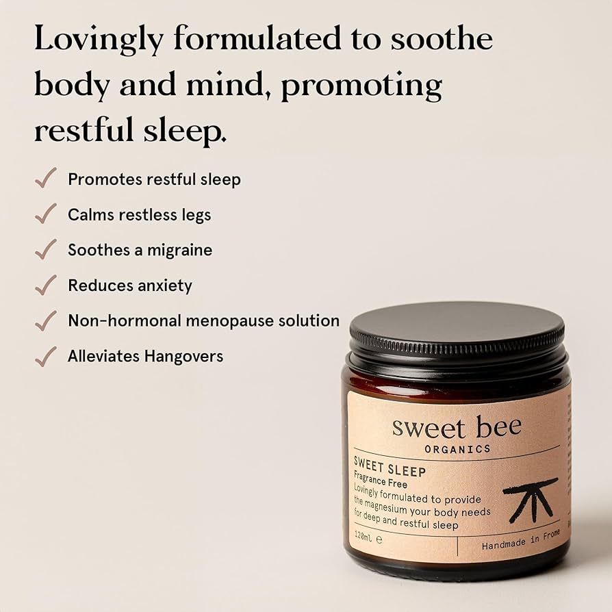 Jar of 'sweet bee' sleep product with text highlighting its benefits on a beige background