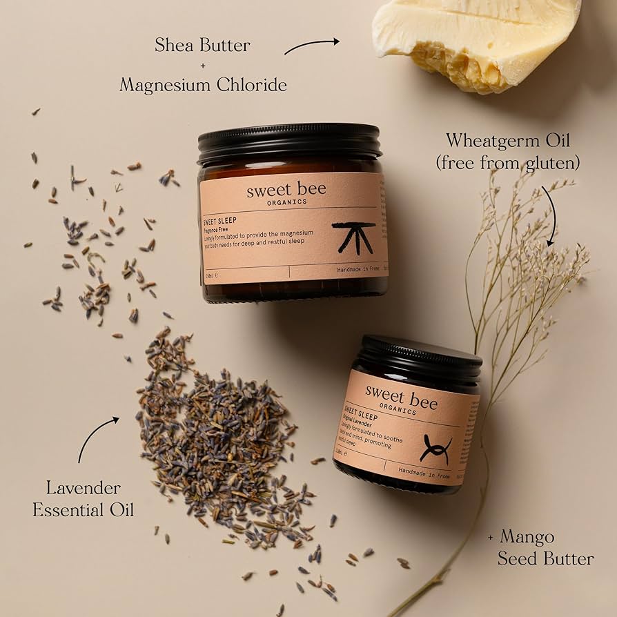 Two jars of 'sweet bee' products with ingredients listed on a neutral background