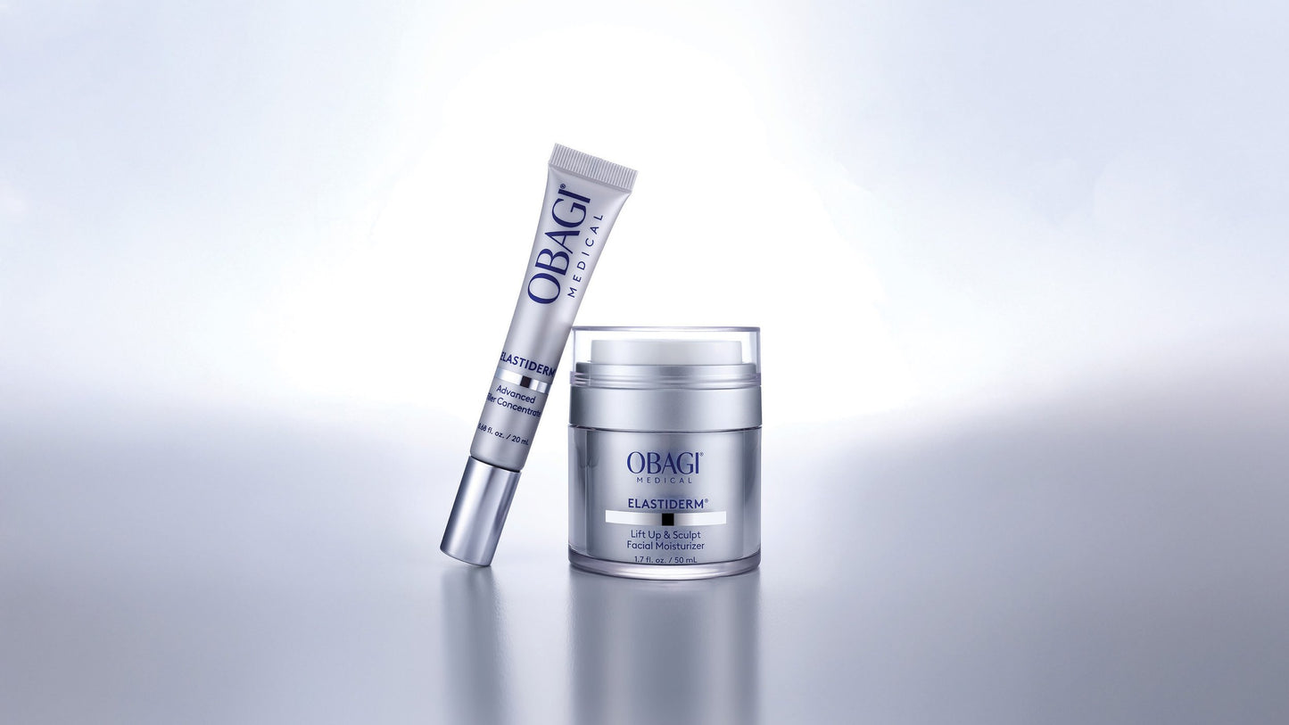 Obagi skincare products on a reflective surface with a gradient background