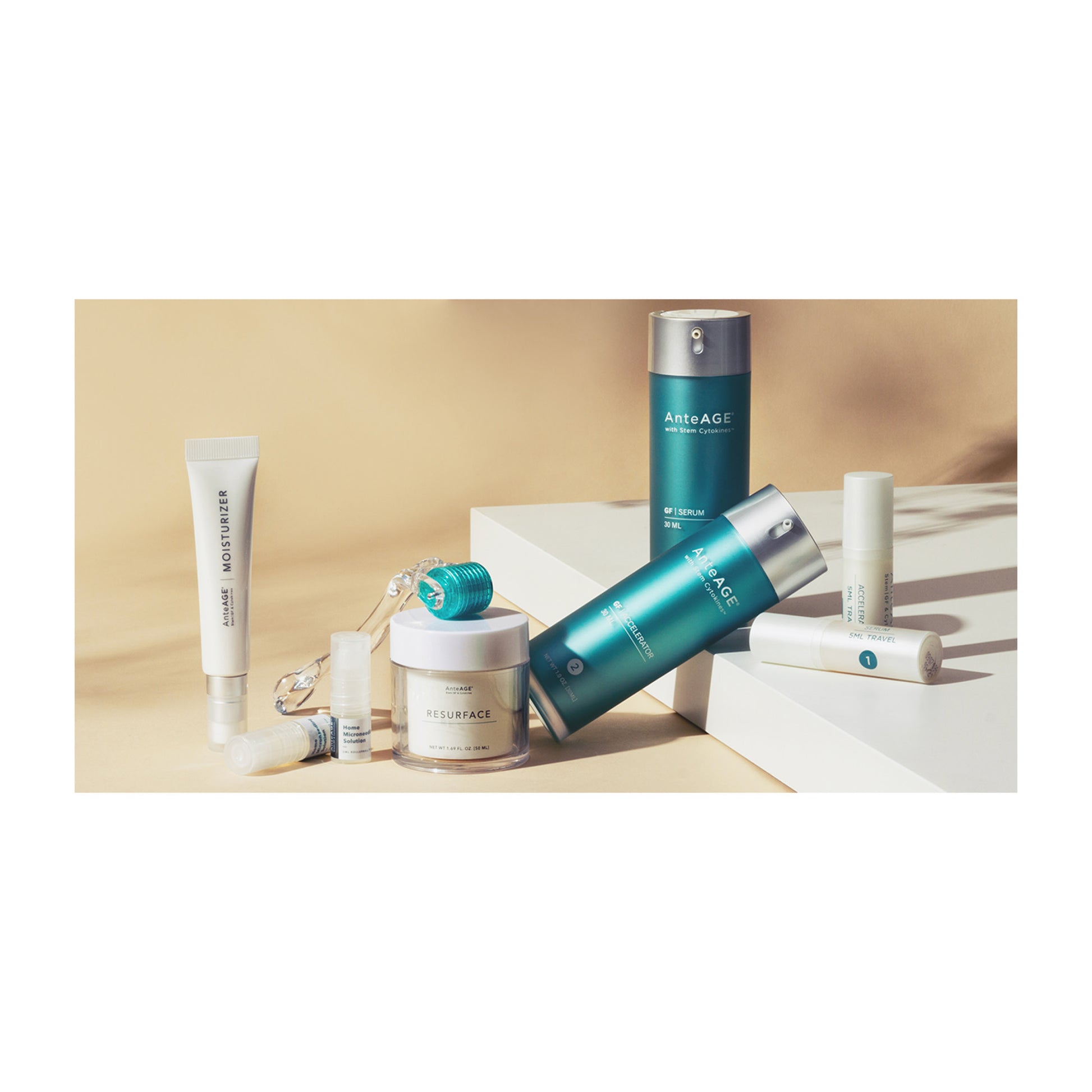 Collection of AnteAGE skincare products on a beige background