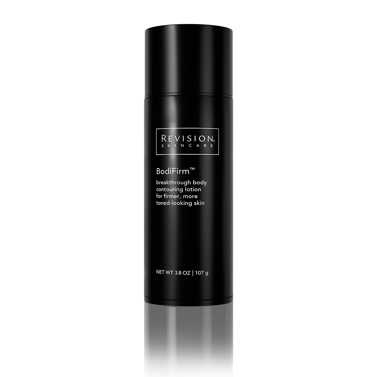 Black bottle of Revision Skincare BodiFirm lotion on a white background