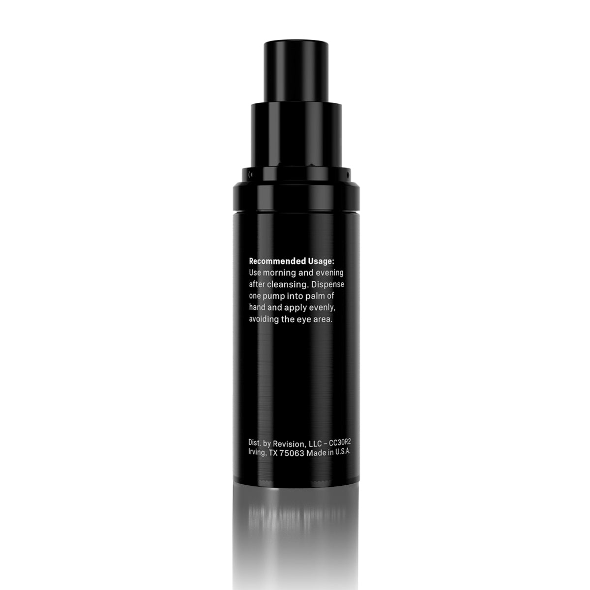 Black skincare bottle with text on a white background