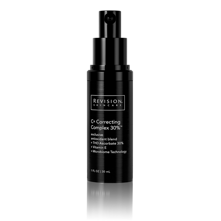 Black skincare bottle with 'Revision Skincare' label on a white background