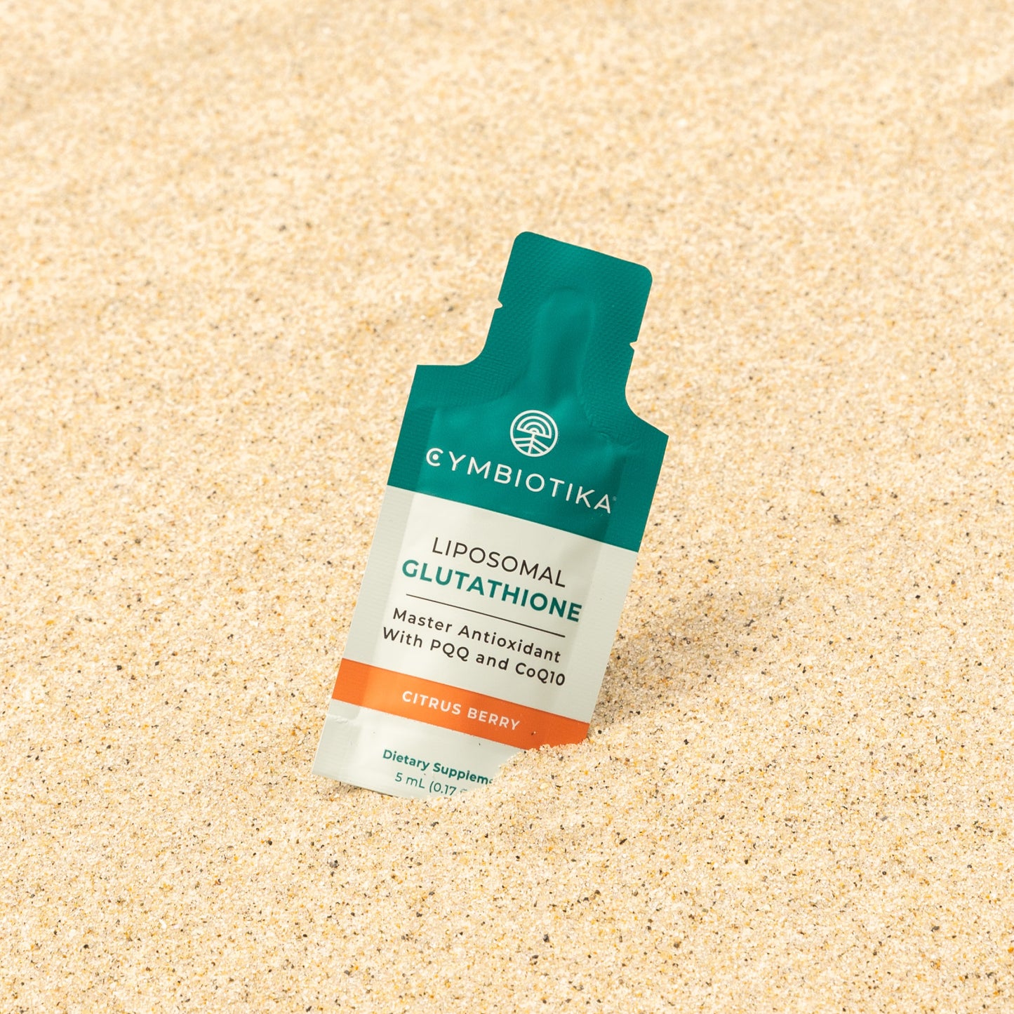 Cybiotika liposomal glutathione supplement packet on a beige surface