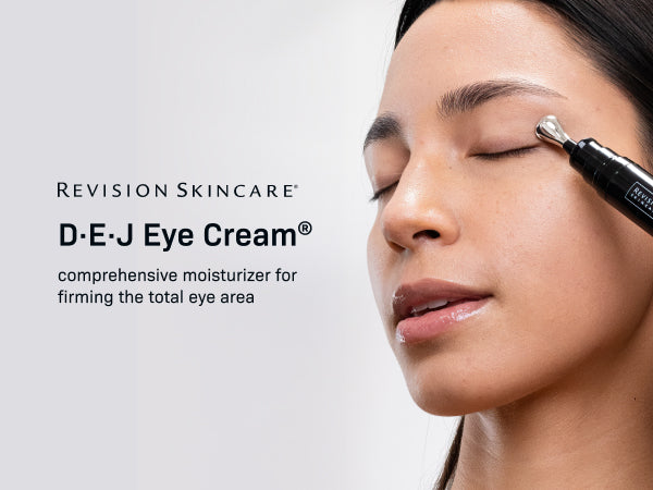 Advertisement for Revision Skincare D-E-J Eye Cream with a close-up of a woman applying the cream.