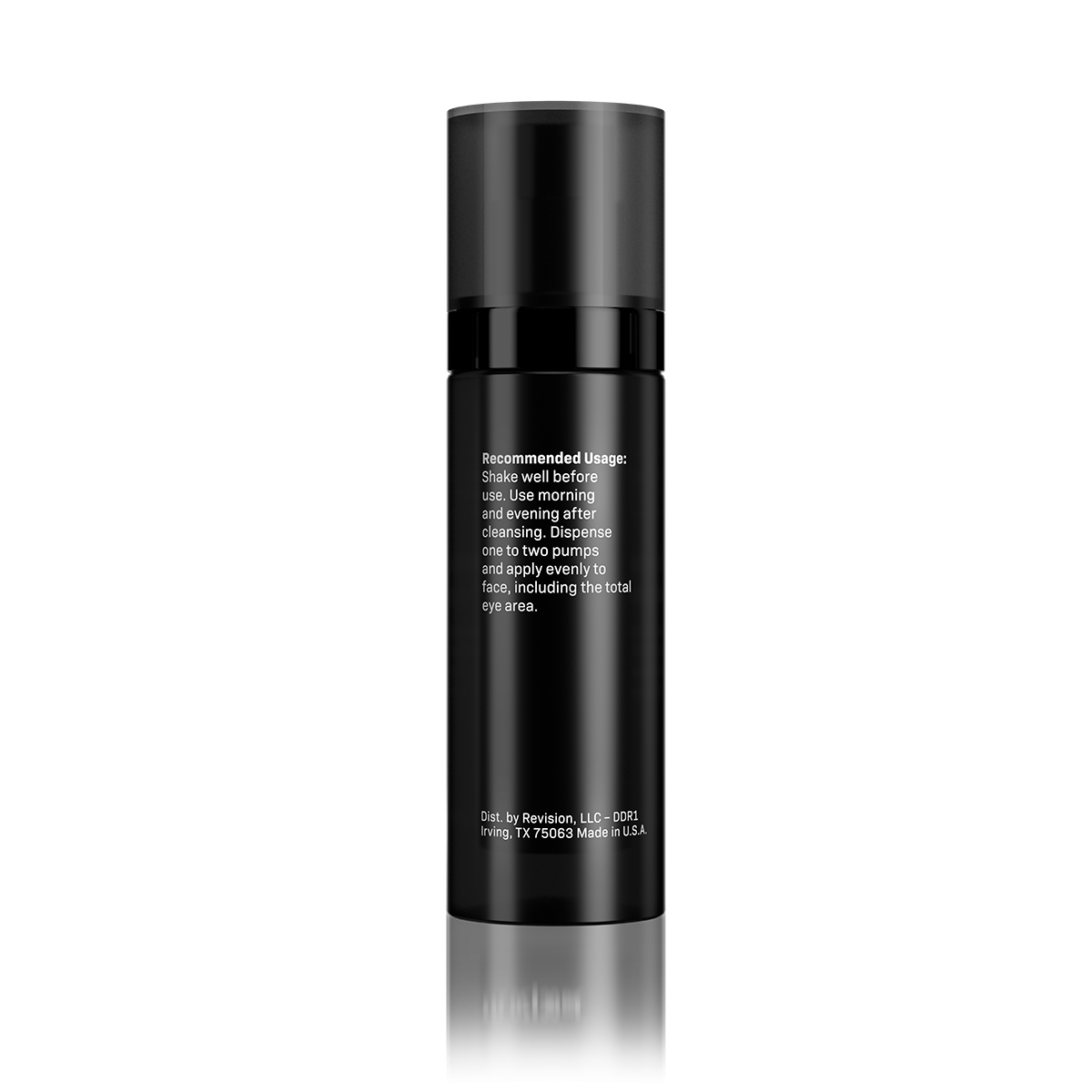 Black skincare bottle with text on a white background