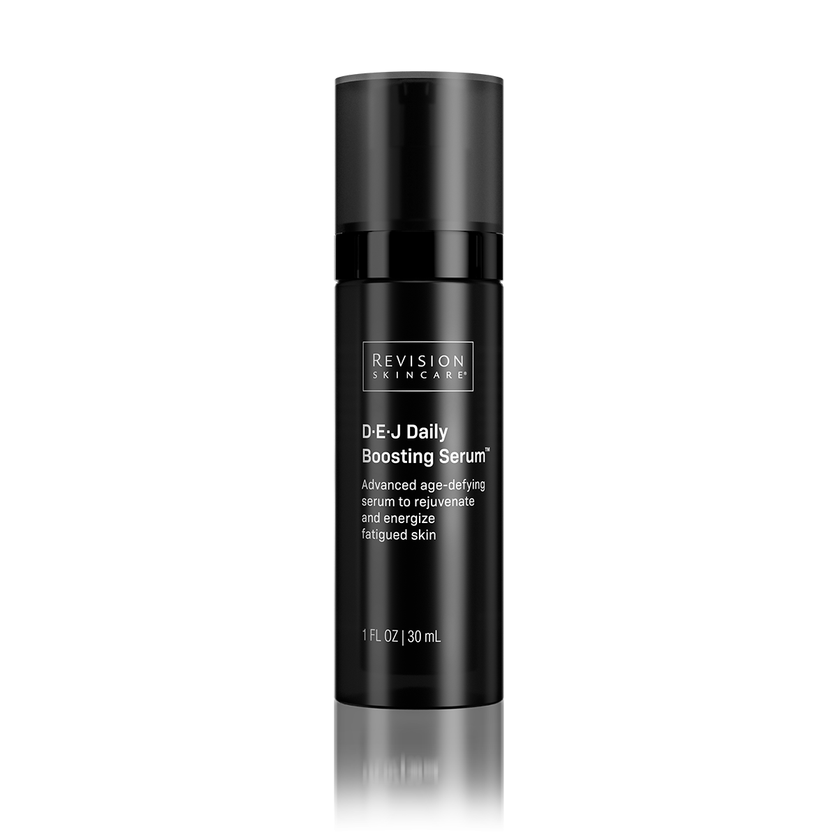 Black skincare serum bottle with 'Revision Skincare' branding on a white background