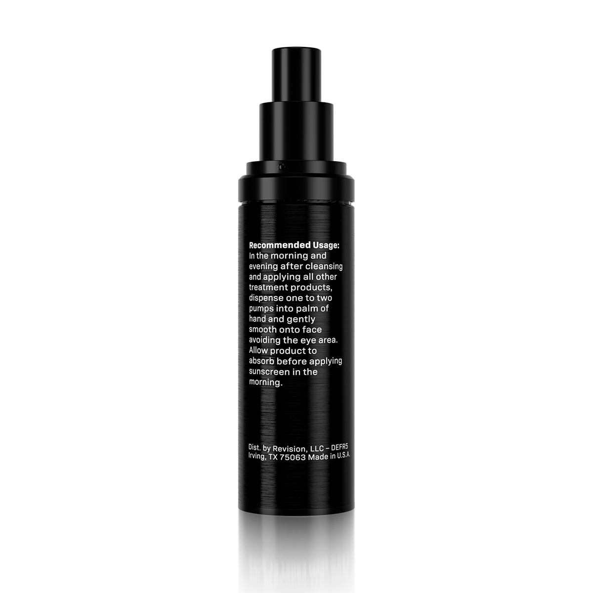 Black skincare bottle with text on a white background