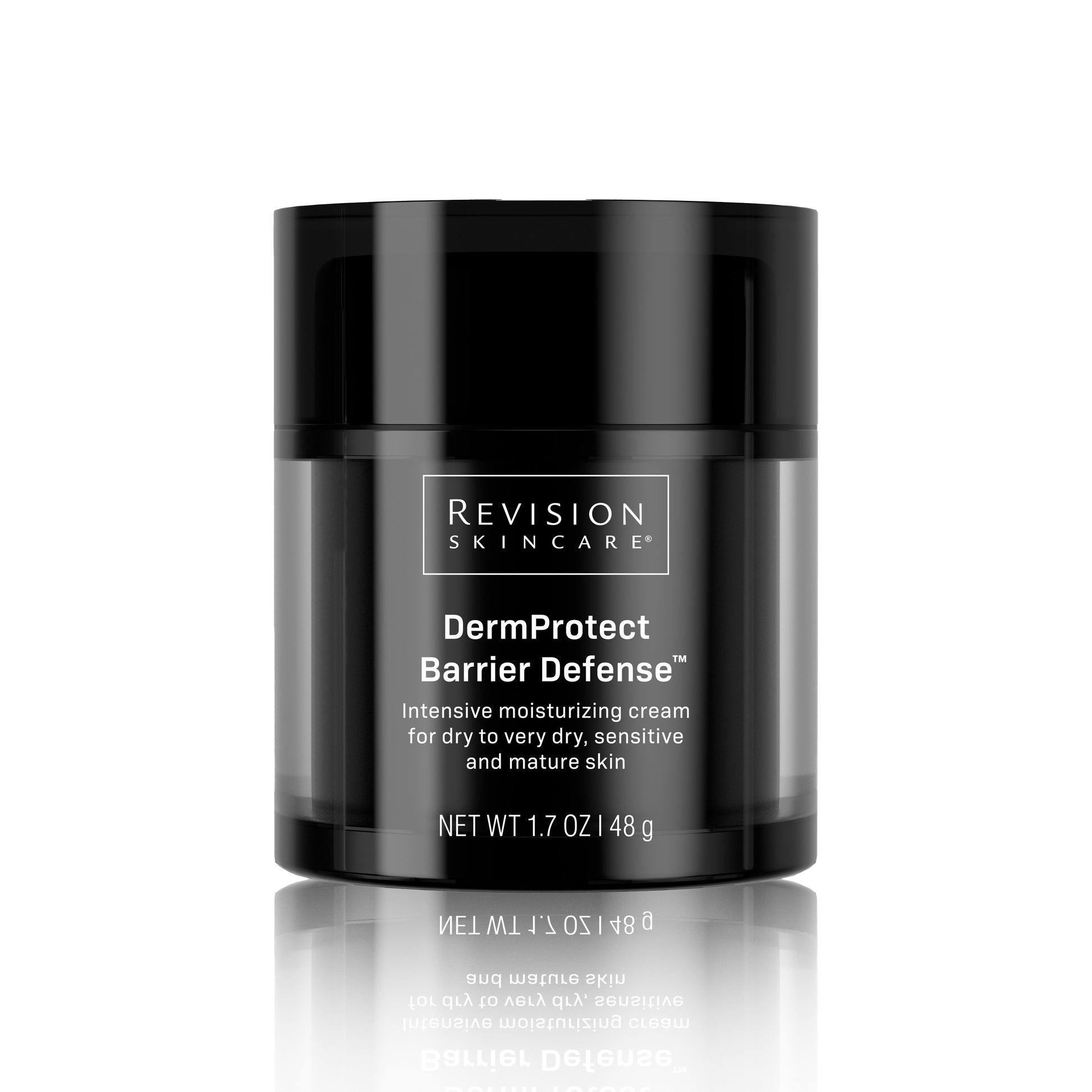 Black jar of Revision Skincare DermProtect Barrier Defense cream on a white background