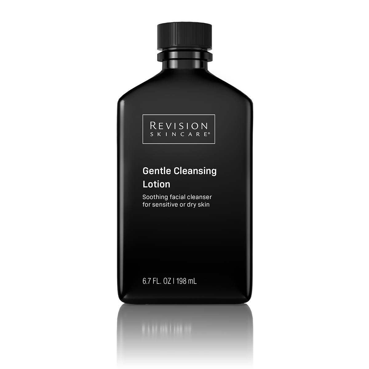 Black bottle of Revision Skincare Gentle Cleansing Lotion on a white background