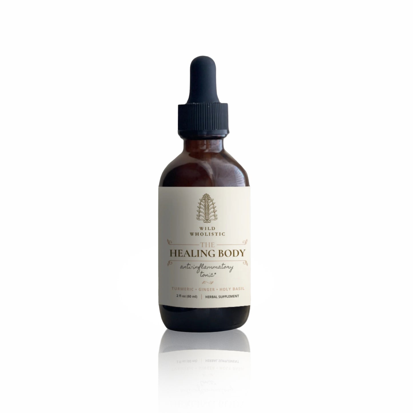 Bottle of 'The Healing Body' supplement with a dark background