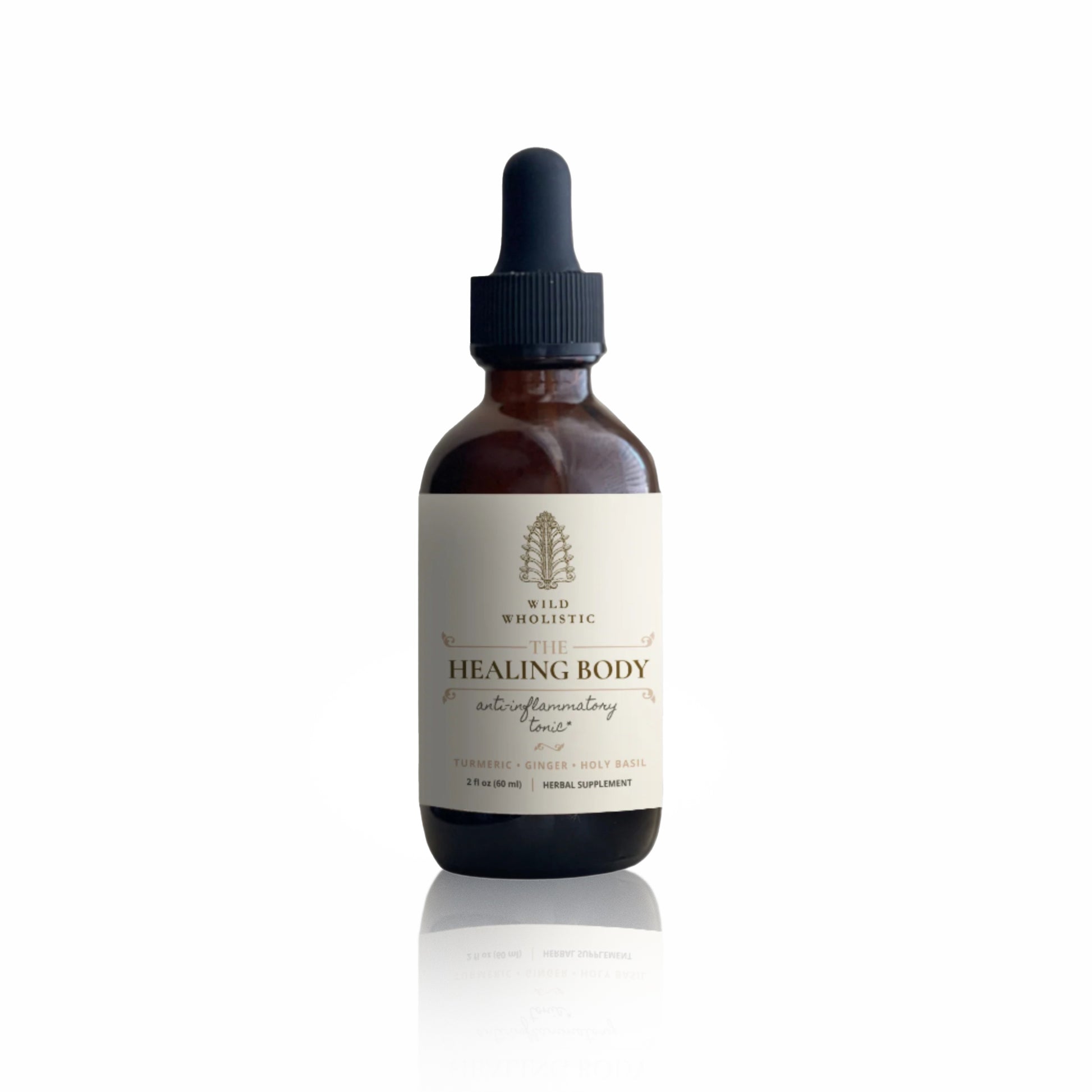 Bottle of 'The Healing Body' supplement with a dark background