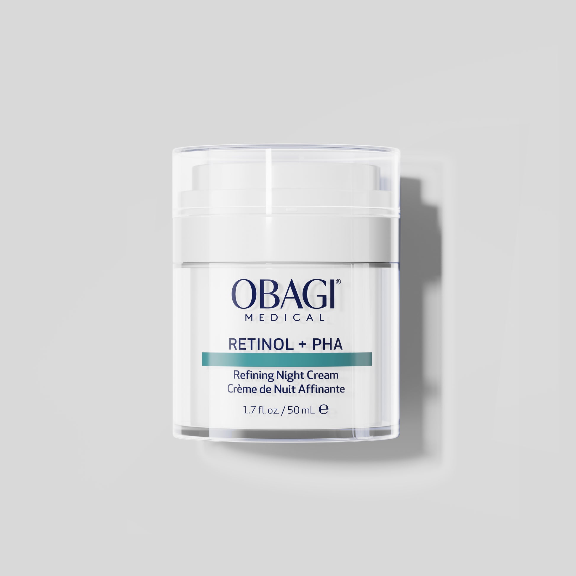 Obagi Medical Retinol + PHA refining night cream jar on a light gray background