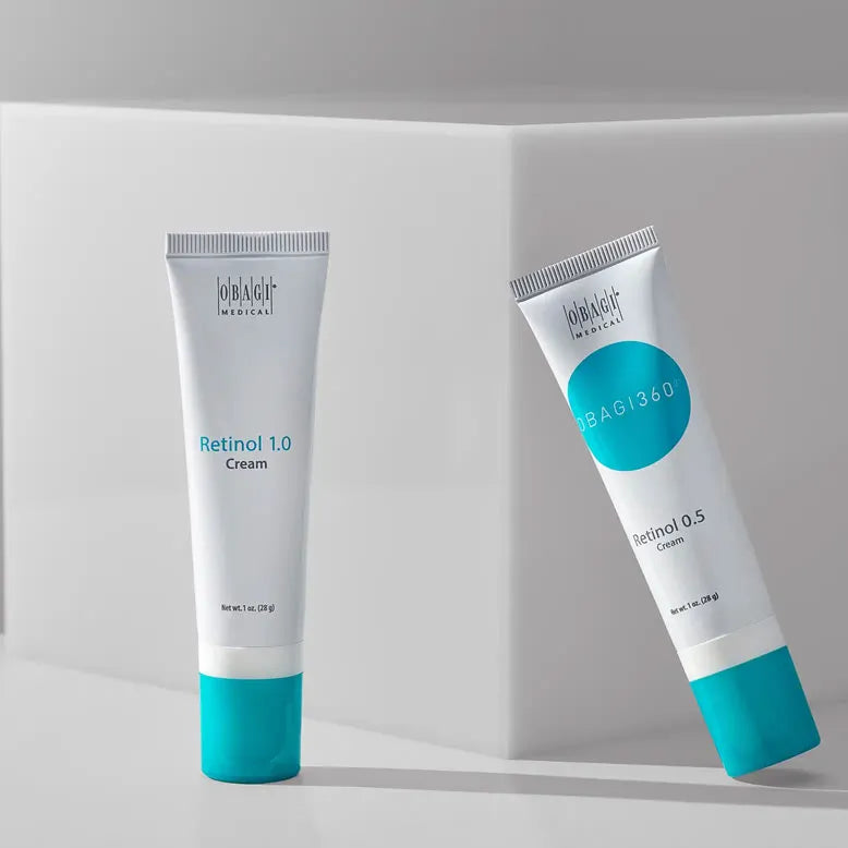 Two tubes of Retinol cream from Obagi on a light gray background