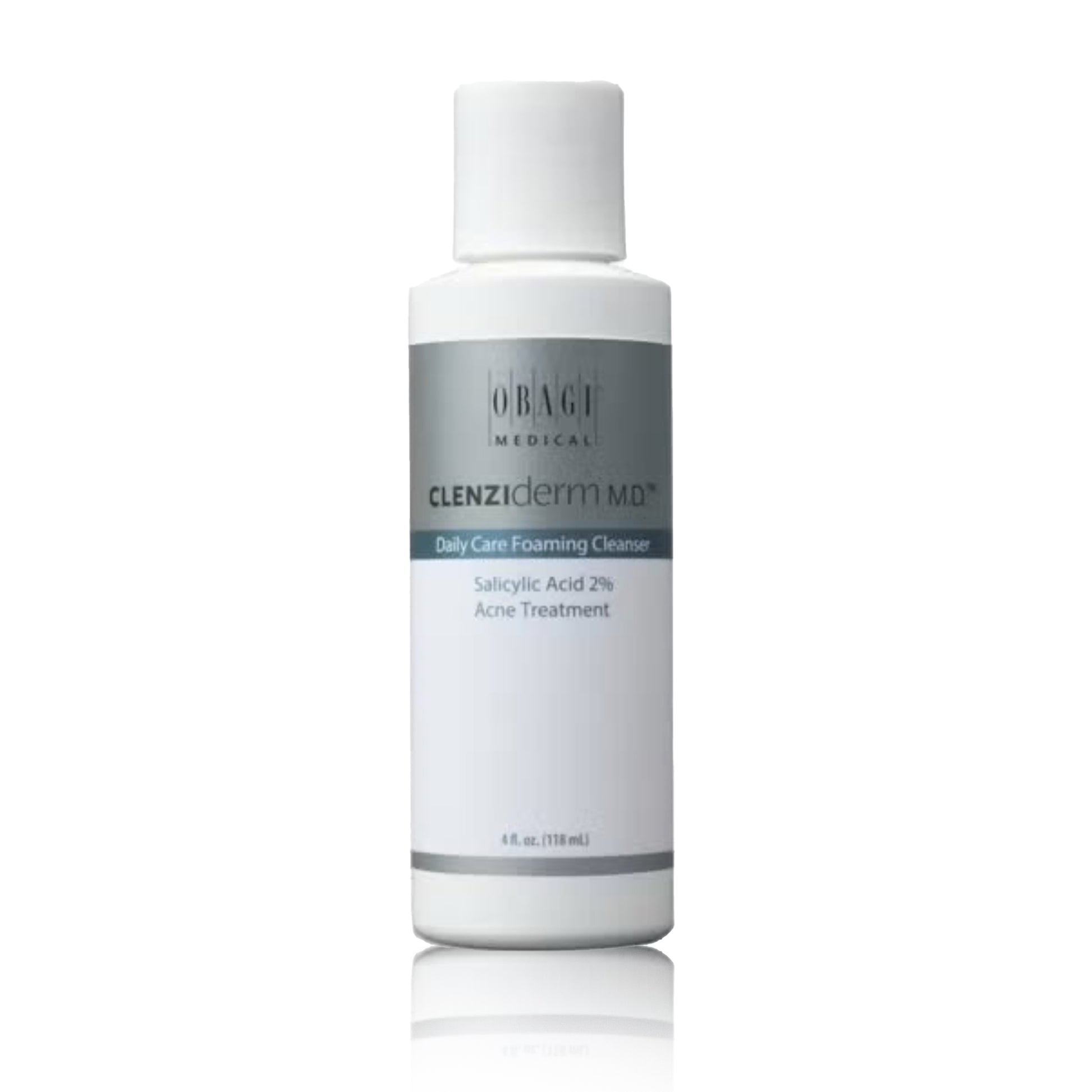 A bottle of Obagi CLENZIderm MD Foaming Cleanser with the label clearly showing the product name and the statement that it contains salicylic acid 2% for acne treatment.