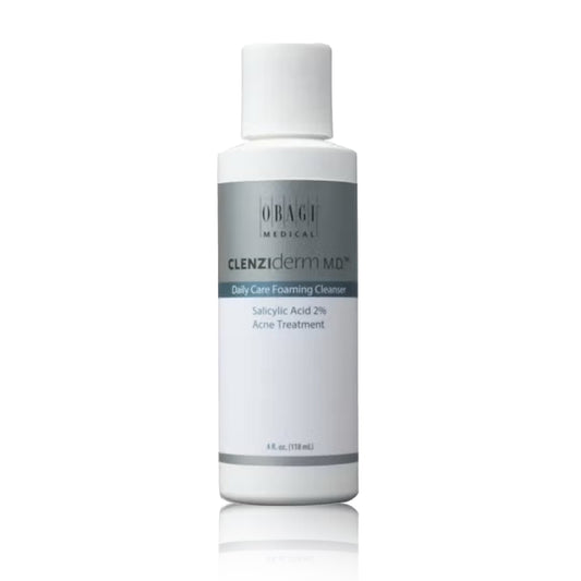 A bottle of Obagi CLENZIderm MD Foaming Cleanser with the label clearly showing the product name and the statement that it contains salicylic acid 2% for acne treatment.