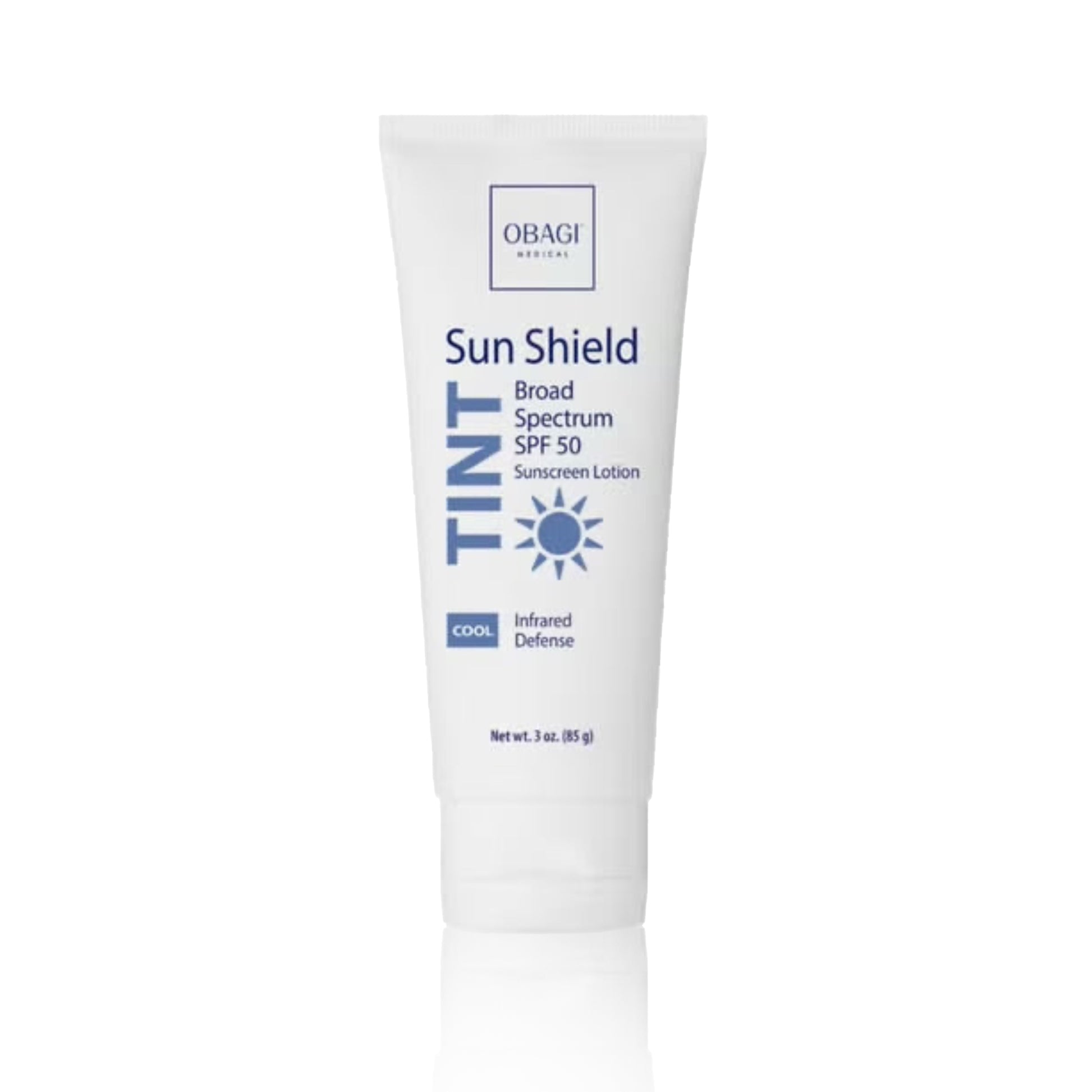 A tube of Obagi Sun Shield Broad Spectrum SPF 50 Sunscreen Lotion with a cool tint.