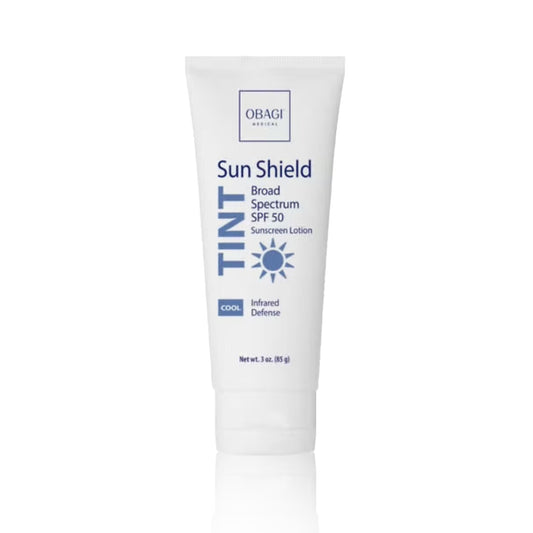 A tube of Obagi Sun Shield Broad Spectrum SPF 50 Sunscreen Lotion with a cool tint.