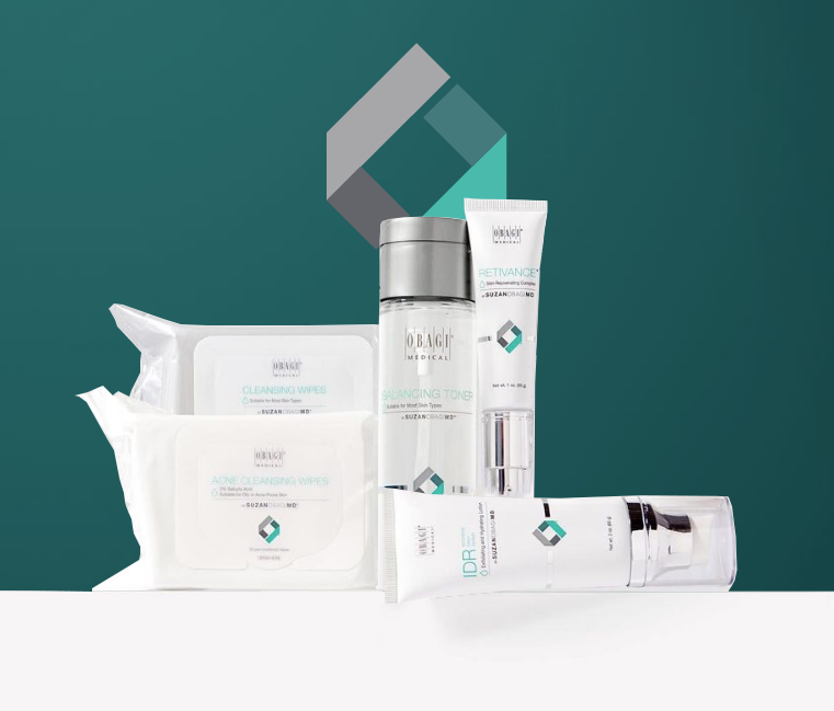 Collection of skincare products with a teal background