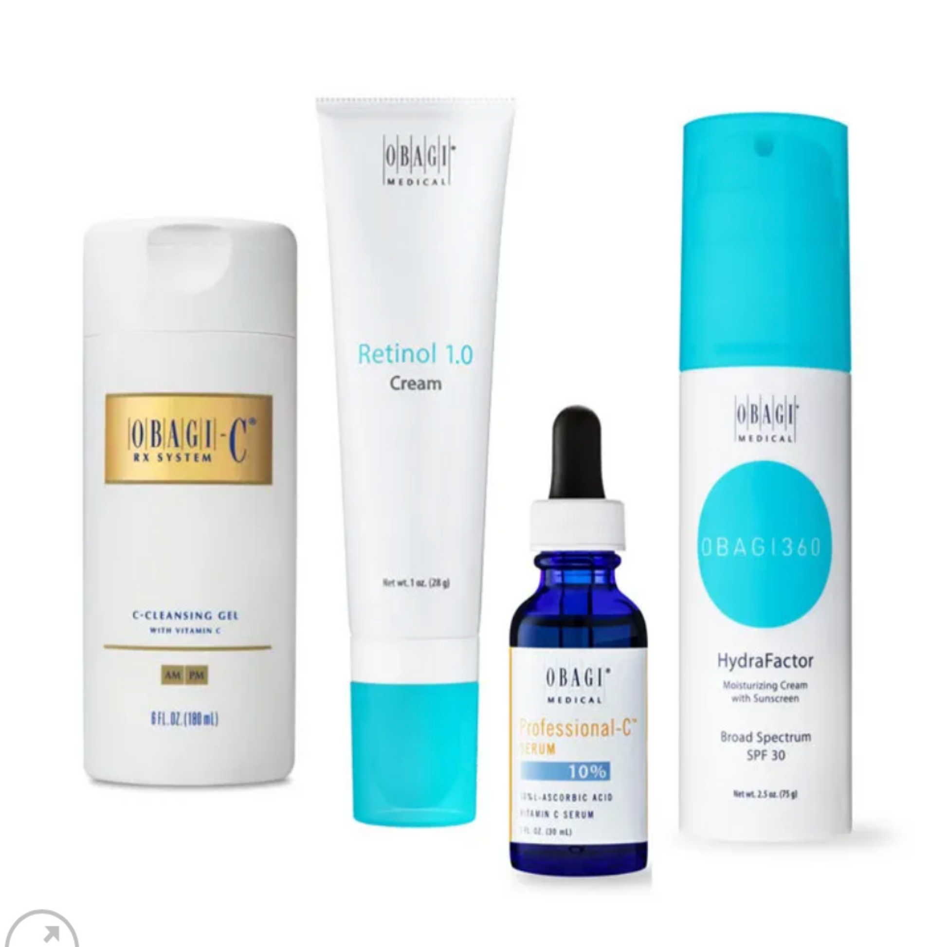 A set of Obagi Men's Skincare products including a cleansing gel, a retinol cream, a moisturizer with SPF, and a face wash.