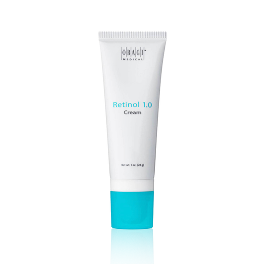 A tube of Obagi Retinol 1.0 Cream with a white body and blue color at the bottom.