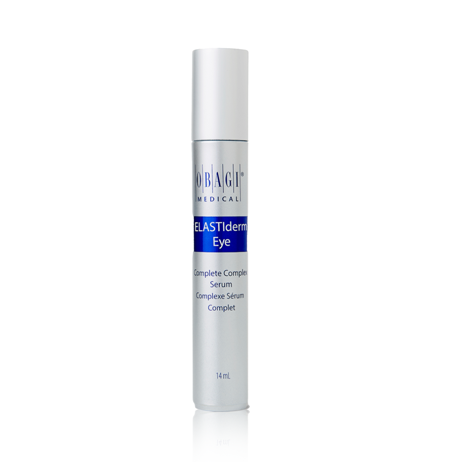 A bottle of Obagi ELASTIderm Eye Complete Complex Serum with a white and blue label, rollerball applicator, and a pump dispenser.