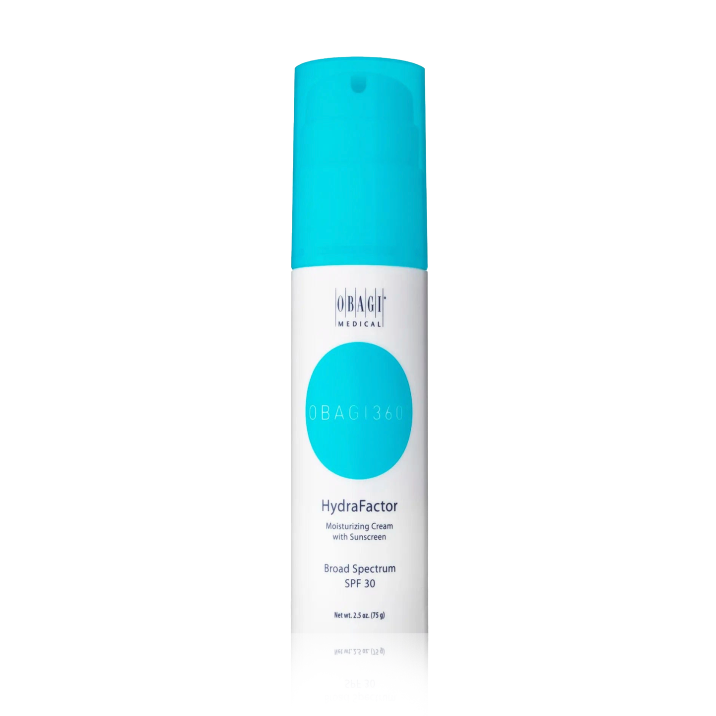 A pump bottle of Obagi360 HydraFactor SPF 30 moisturizing cream with sunscreen broad spectrum SPF 30.