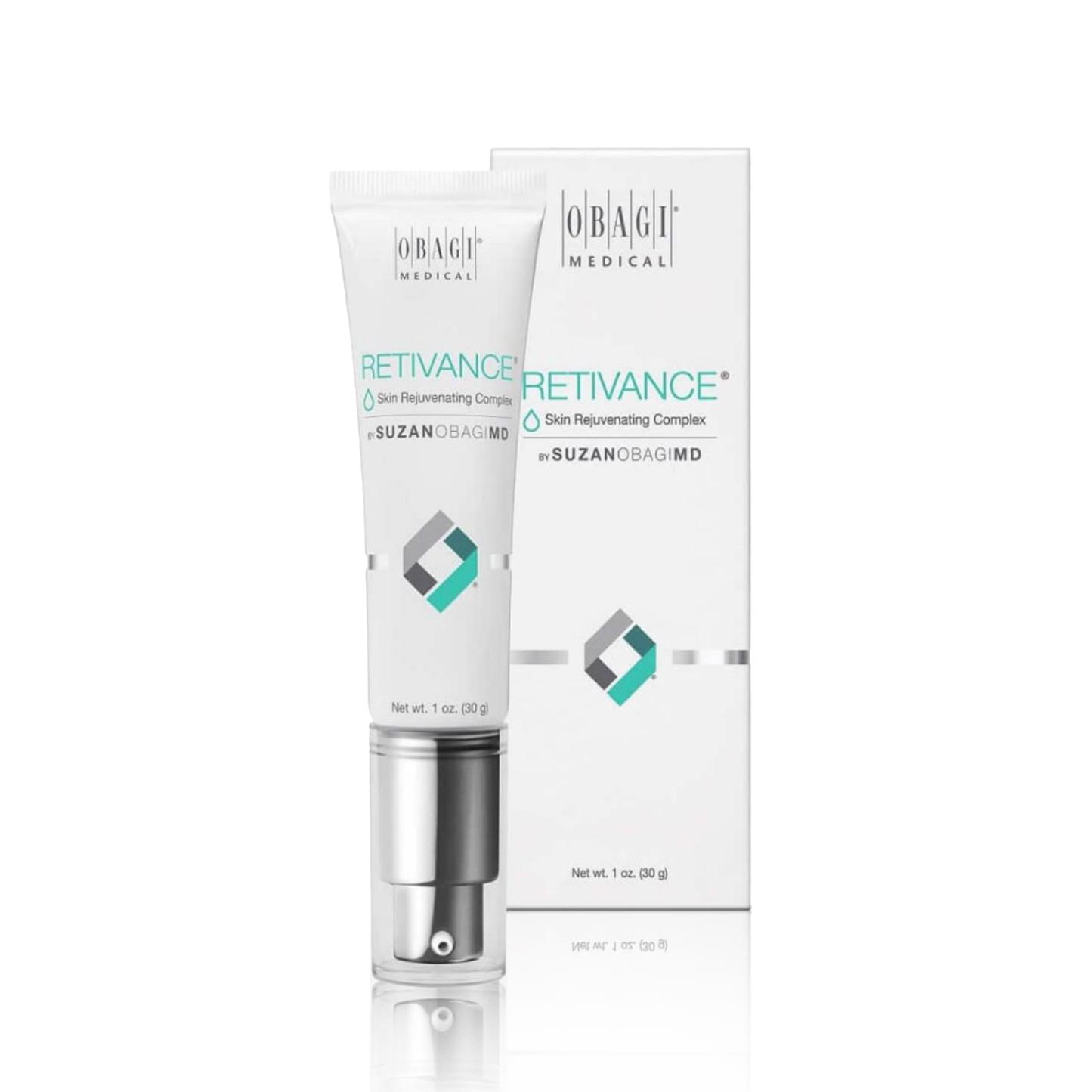 A skin care product by Obagi, Retivance, in a tube and packaging, with branding and product information displayed.
