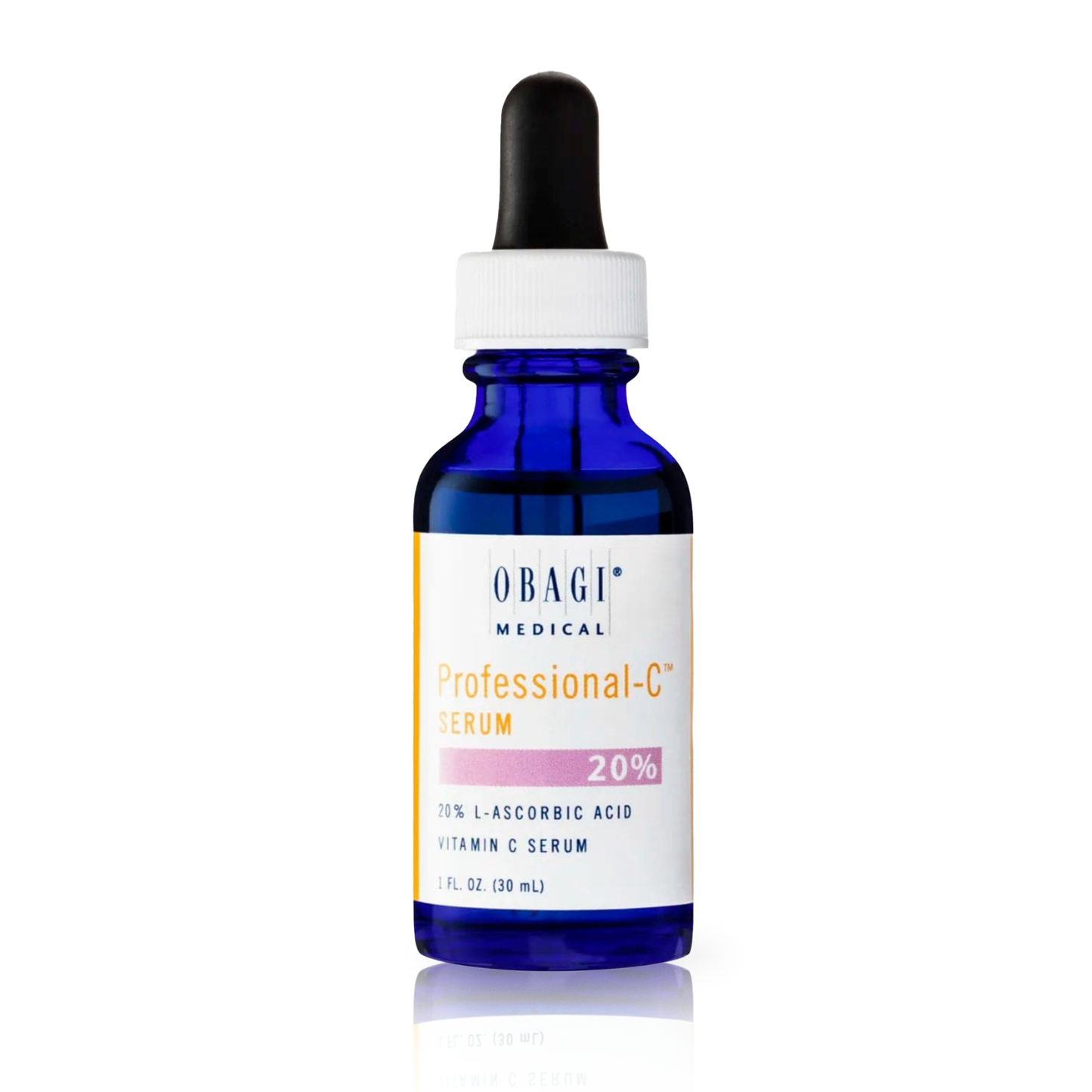 A blue bottle with a white label that reads 'OBAGI Professional-C Serum 20%', with a dropper dispenser.