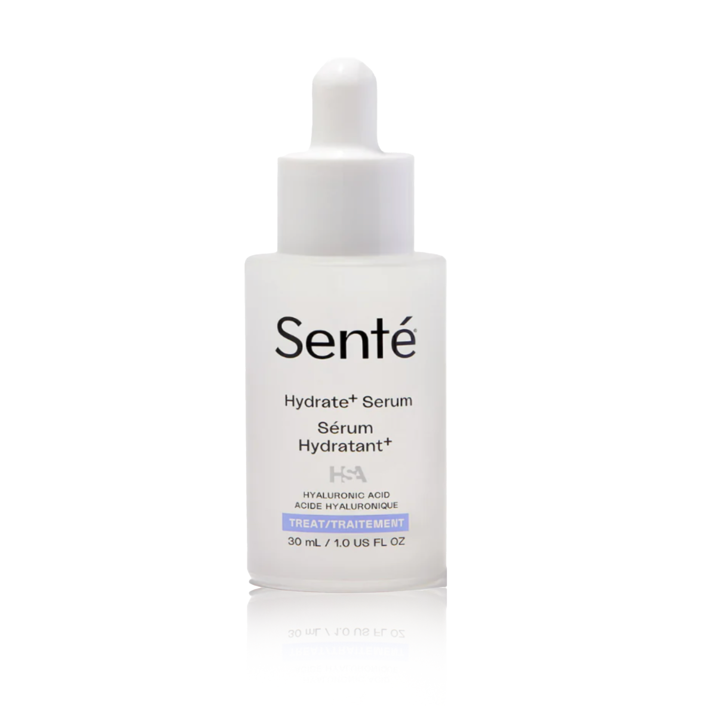 A bottle of Senté Hydrate+ Serum with a white dropper cap, designed for dispensing the product.
