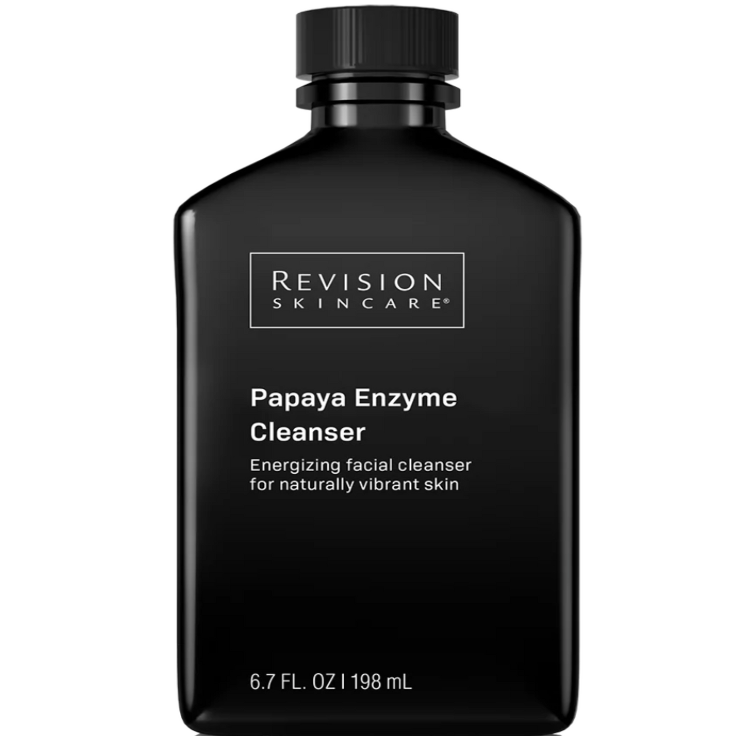 A black bottle of Revision Papaya Enzyme Cleanser with white and silver text detailing the product name and size (6.7 FL.