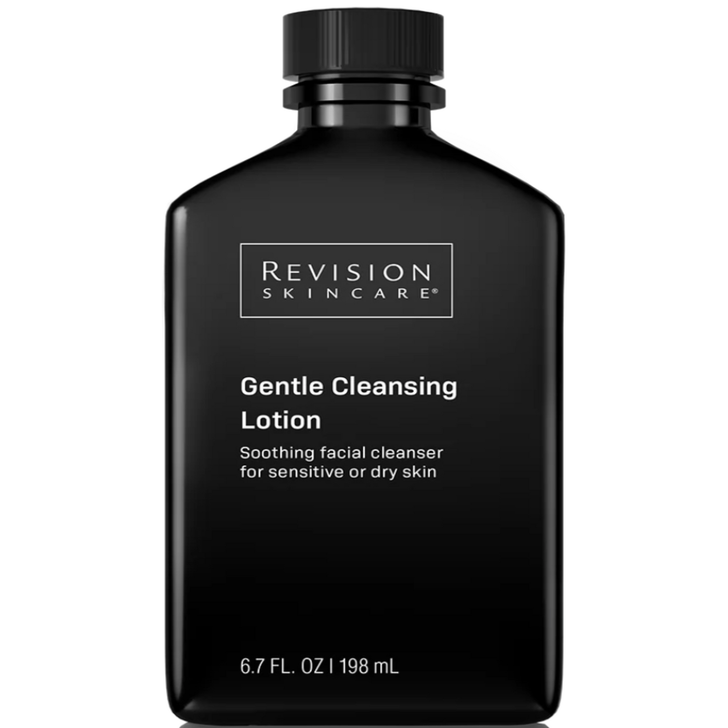 A black bottle with a pump dispenser labeled 'Revision Skincare Gentle Cleansing Lotion'.
