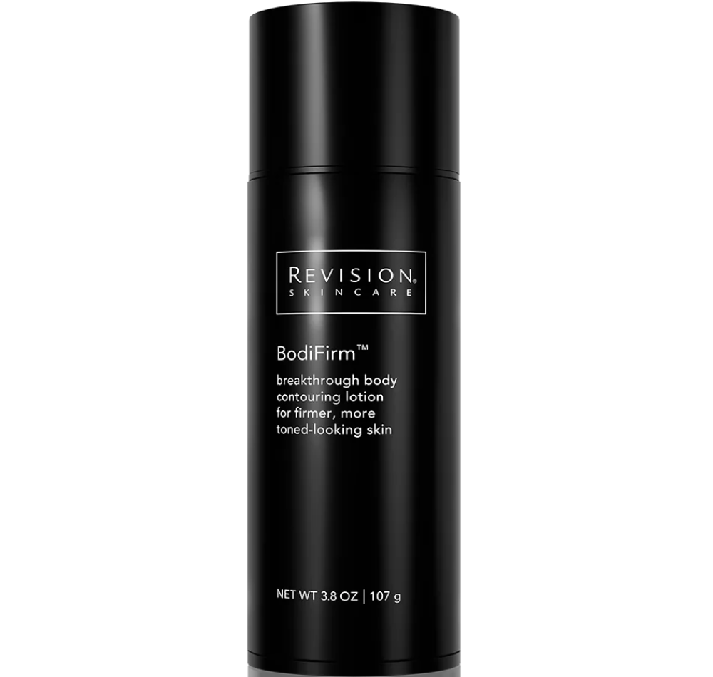A black cylindrical bottle of Revision BodiFirm skincare product.