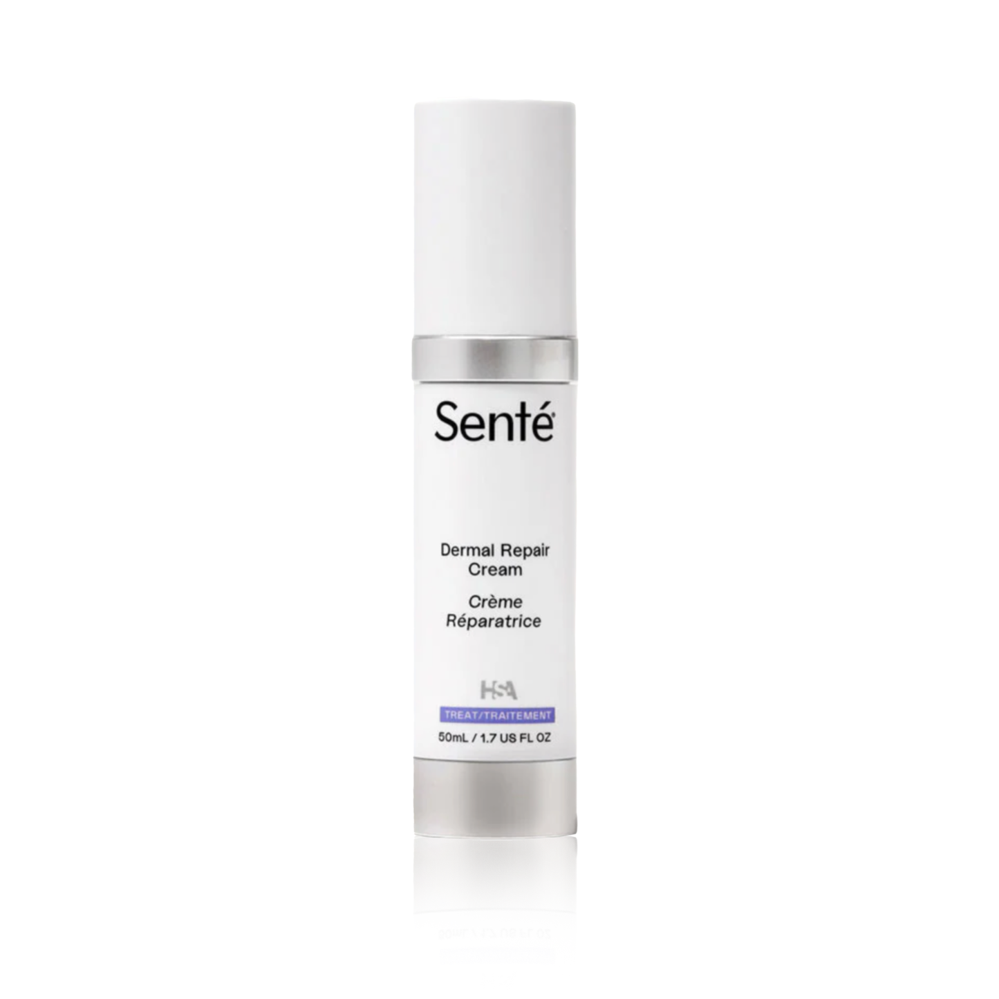 A bottle of Senté Dermal Repair Cream with a white and blue label, indicating it is a product for skin care.