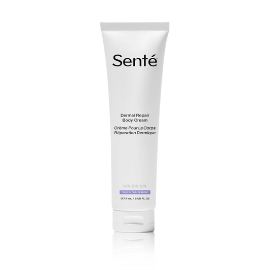 A tube of Senté Dermal Repair Body Cream with black and white text on the label.