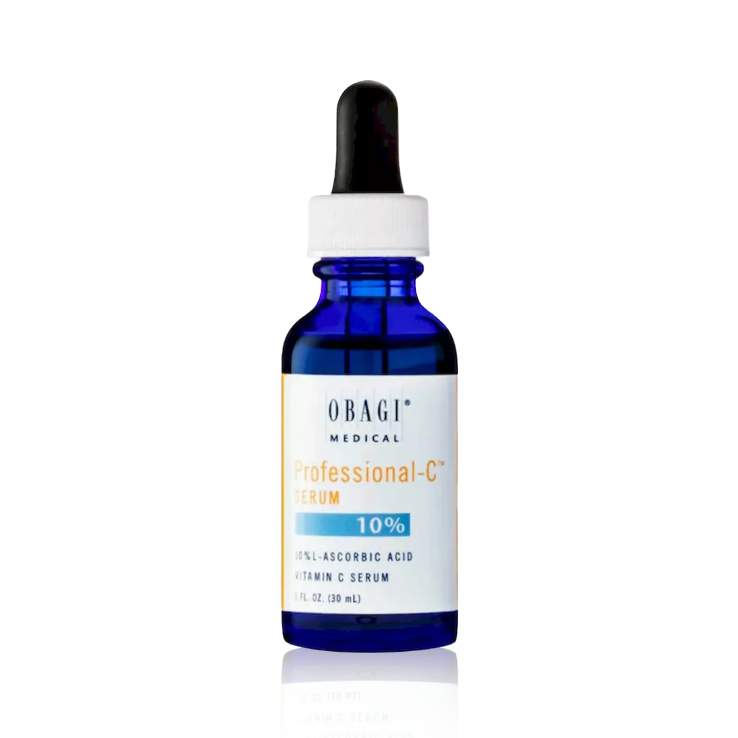 A blue bottle of Obagi Professional-C 10% Serum with a dropper, labeled for skincare.