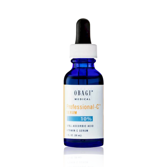 A blue bottle of Obagi Professional-C 10% Serum with a dropper, labeled for skincare.