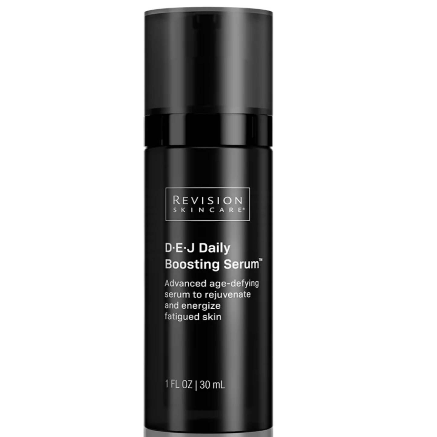 A black bottle of Revision D·E·J Daily Boosting Serum with white and silver text detailing the product name and benefits.