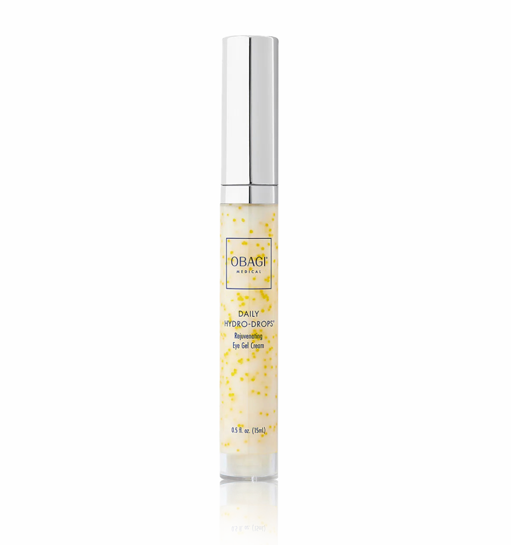 A bottle of Daily Hydro-Drops Rejuvenating Eye Gel Cream with a clear, yellow-colored solution visible through the bottle, labeled for skin care around the eyes.