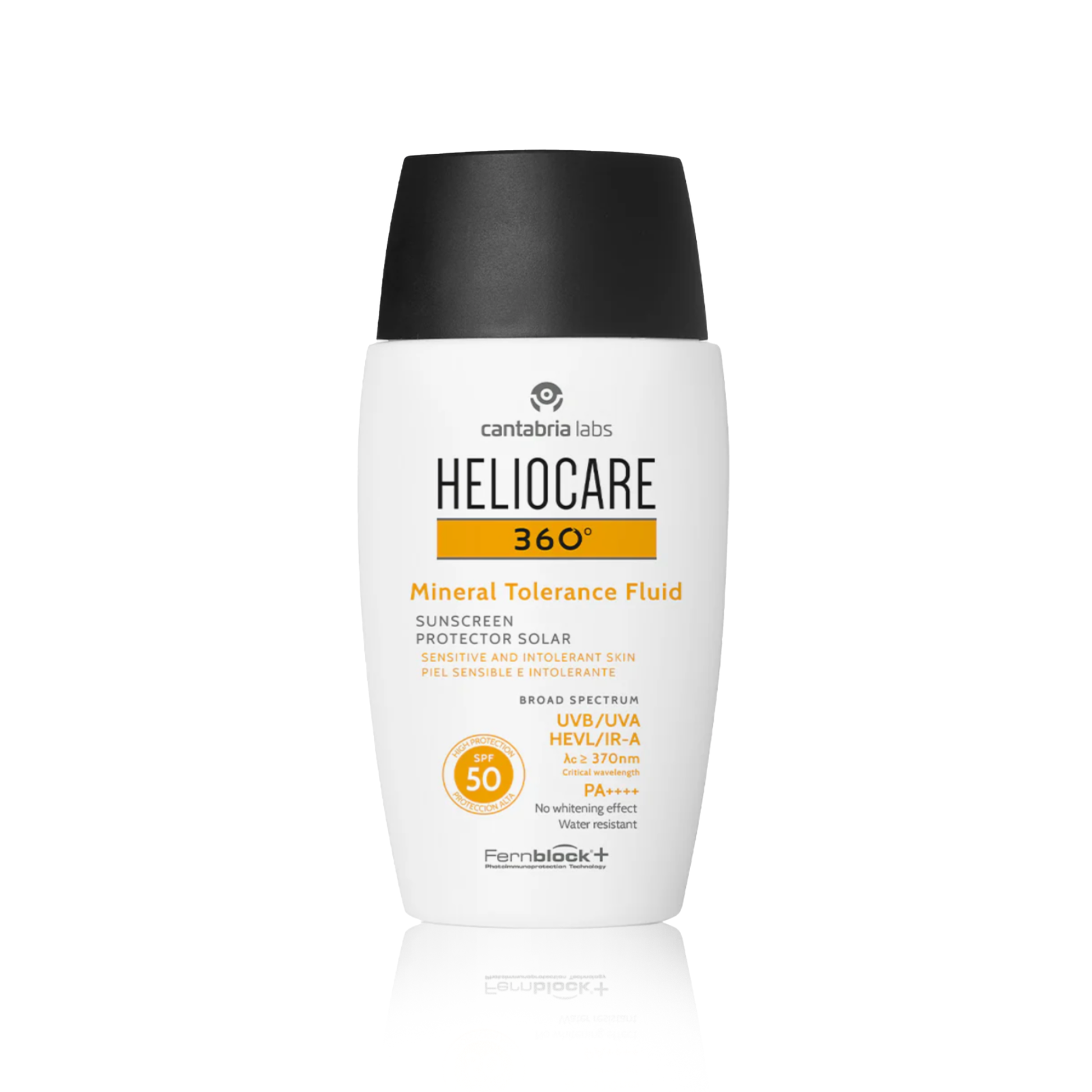 A bottle of HELIOCARE 360° Mineral Tolerance Fluid with SPF50, primarily white with black and orange accents.