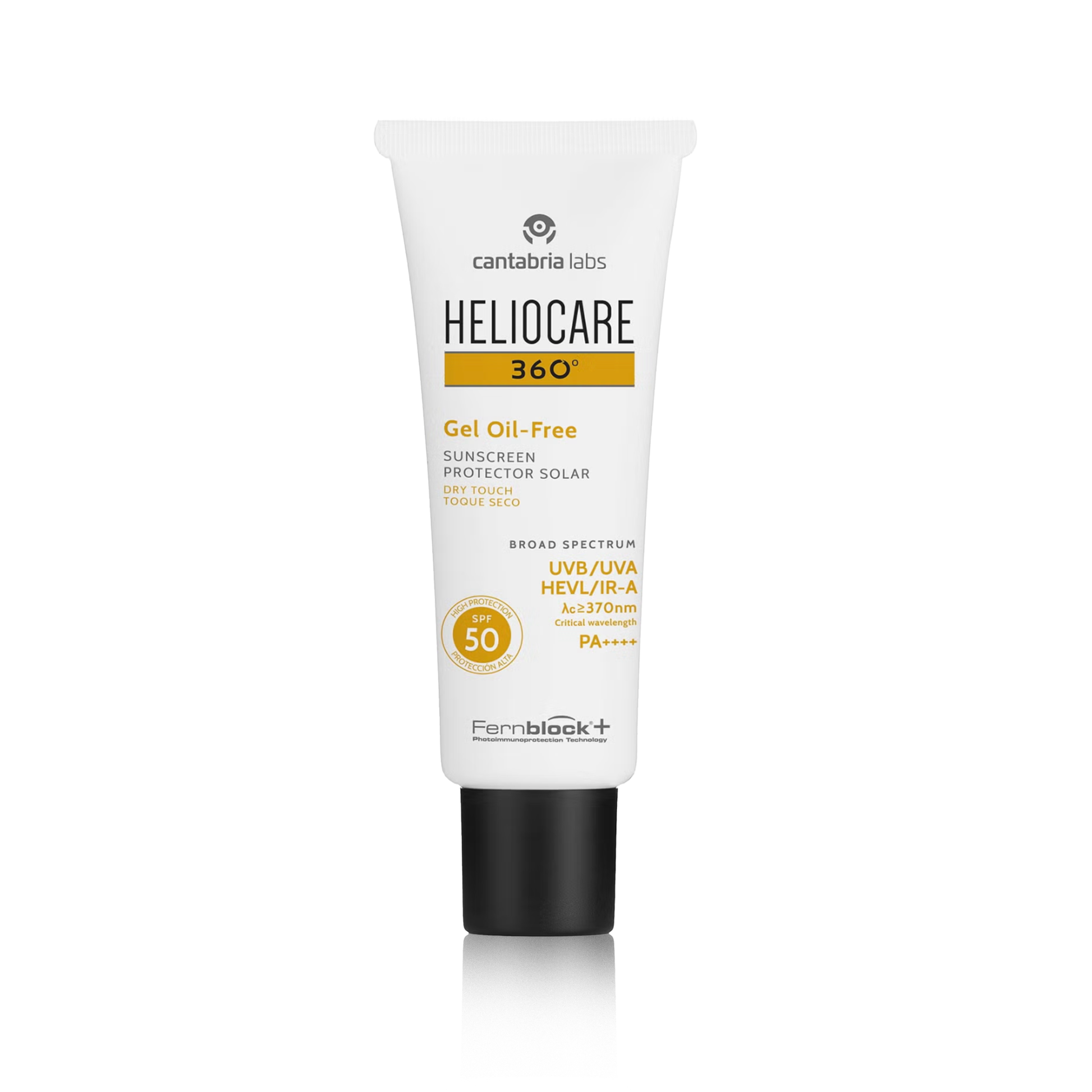 A tube of HELIOCARE 360° Gel Oil-Free SPF50 sunscreen with a white and yellow design, indicating broad-spectrum protection.
