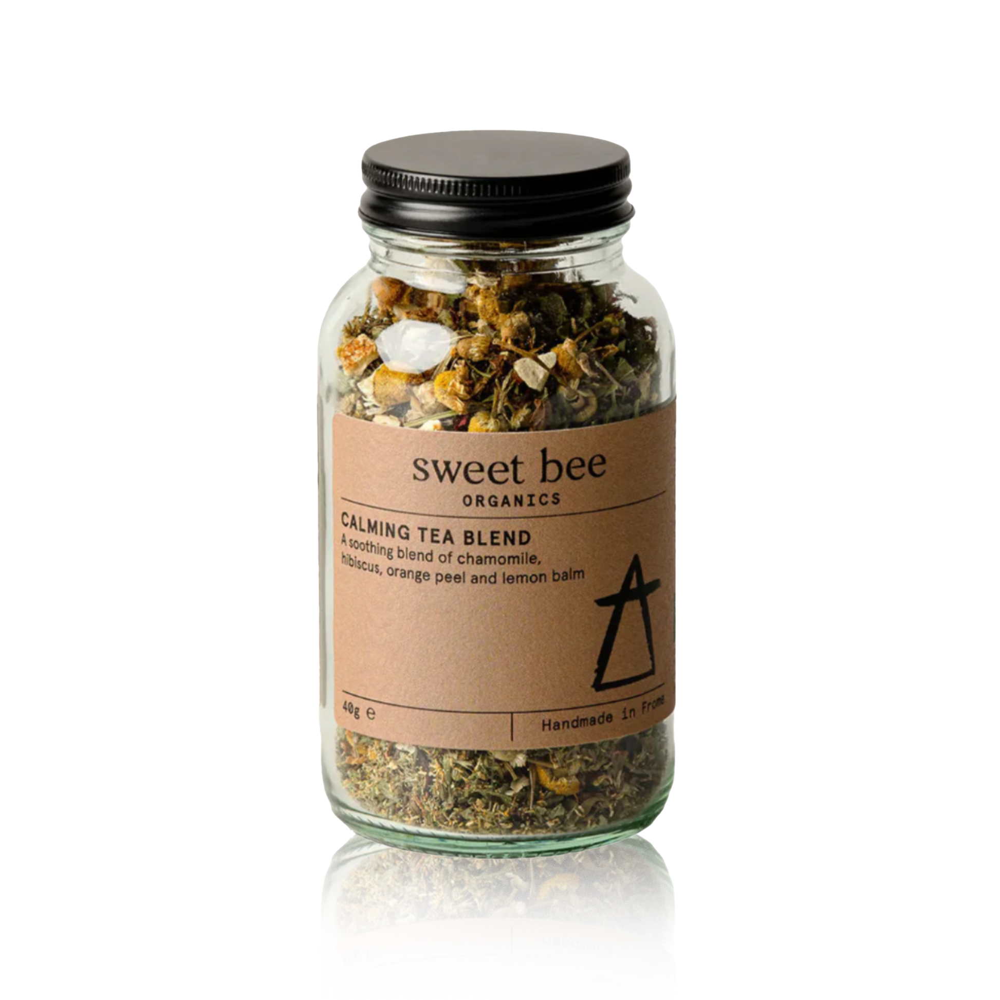 Jar of 'sweet bee' calming tea blend on a white background
