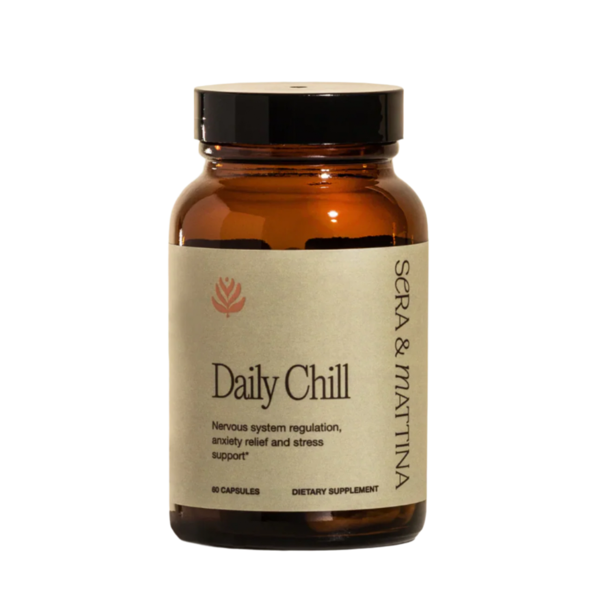 Brown supplement bottle labeled 'Daily Chill' by Sera & Mattina on a white background