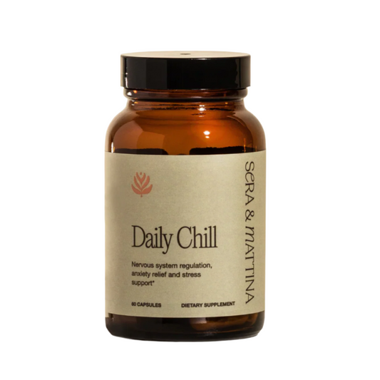 Brown supplement bottle labeled 'Daily Chill' by Sera & Mattina on a white background