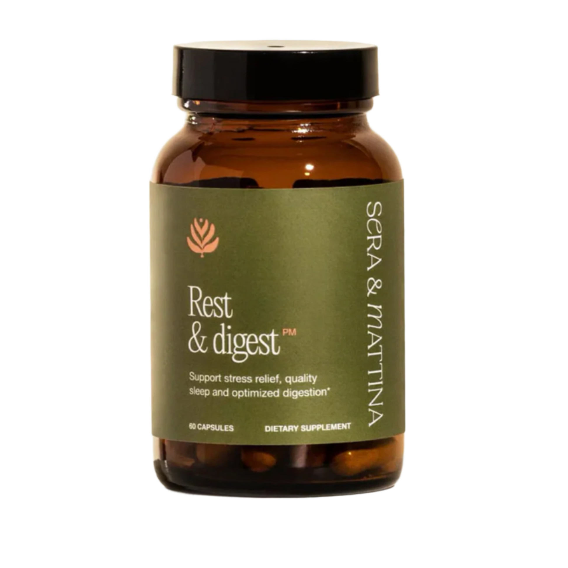 Supplement bottle labeled 'Rest & Digest' by Sera & Mattina on a white background