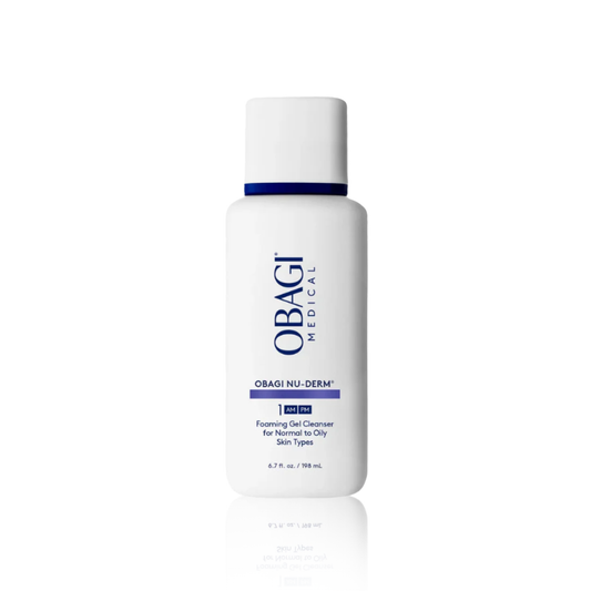 OBAGI NU-DERM foaming gel cleanser bottle on a light gray background