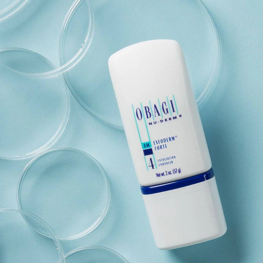 Obagi Nu-Derm Exfoderm Forte tube on a light blue background