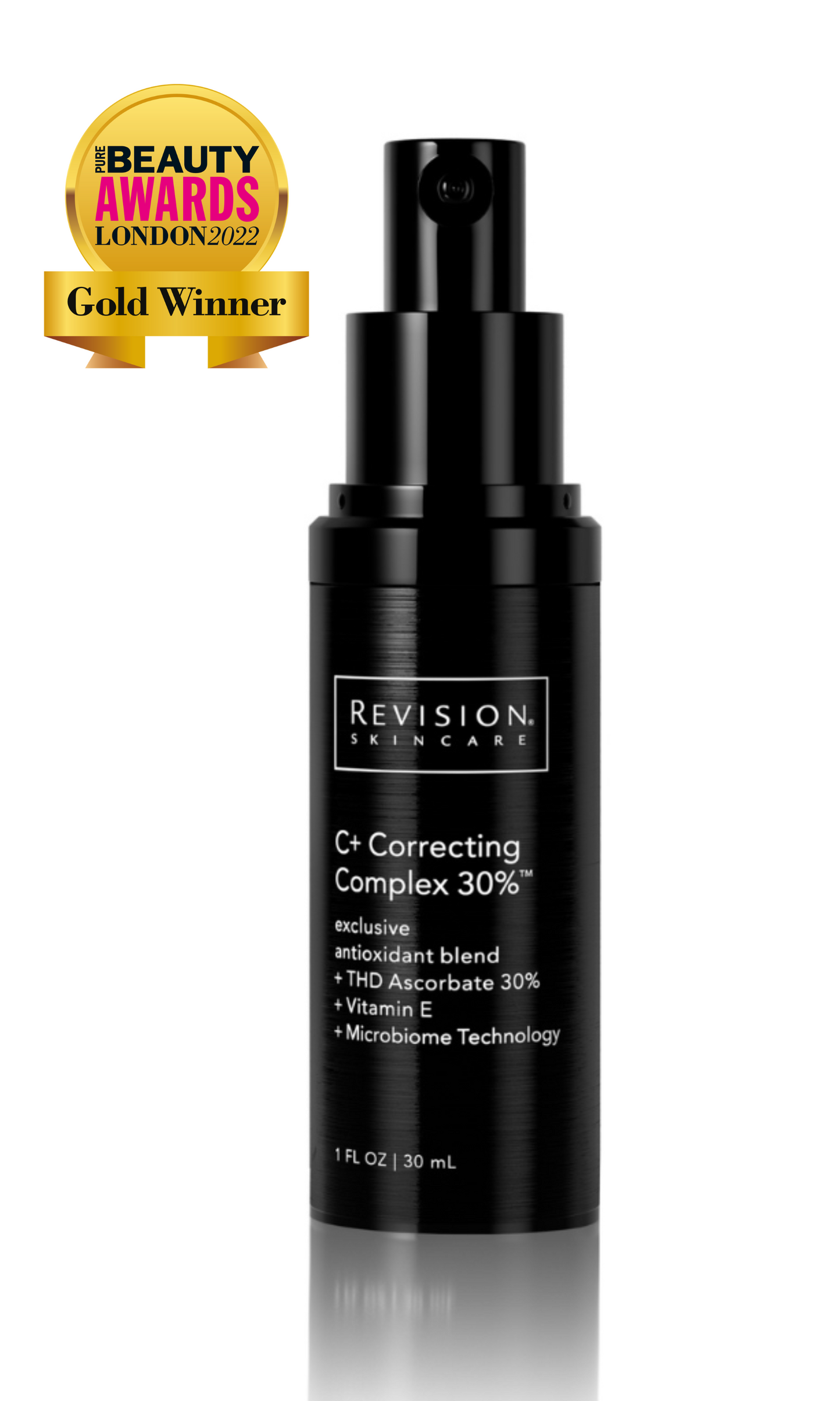 Revision skincare bottle with 'Gold Winner' Beauty Awards London 2022 badge on a white background