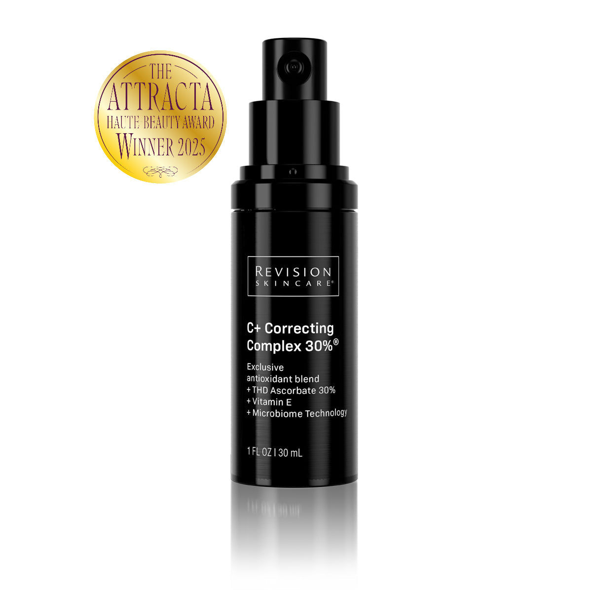 Black skincare bottle with 'Revision Skincare' label on a white background, featuring the Attracta Haute Beauty Award.