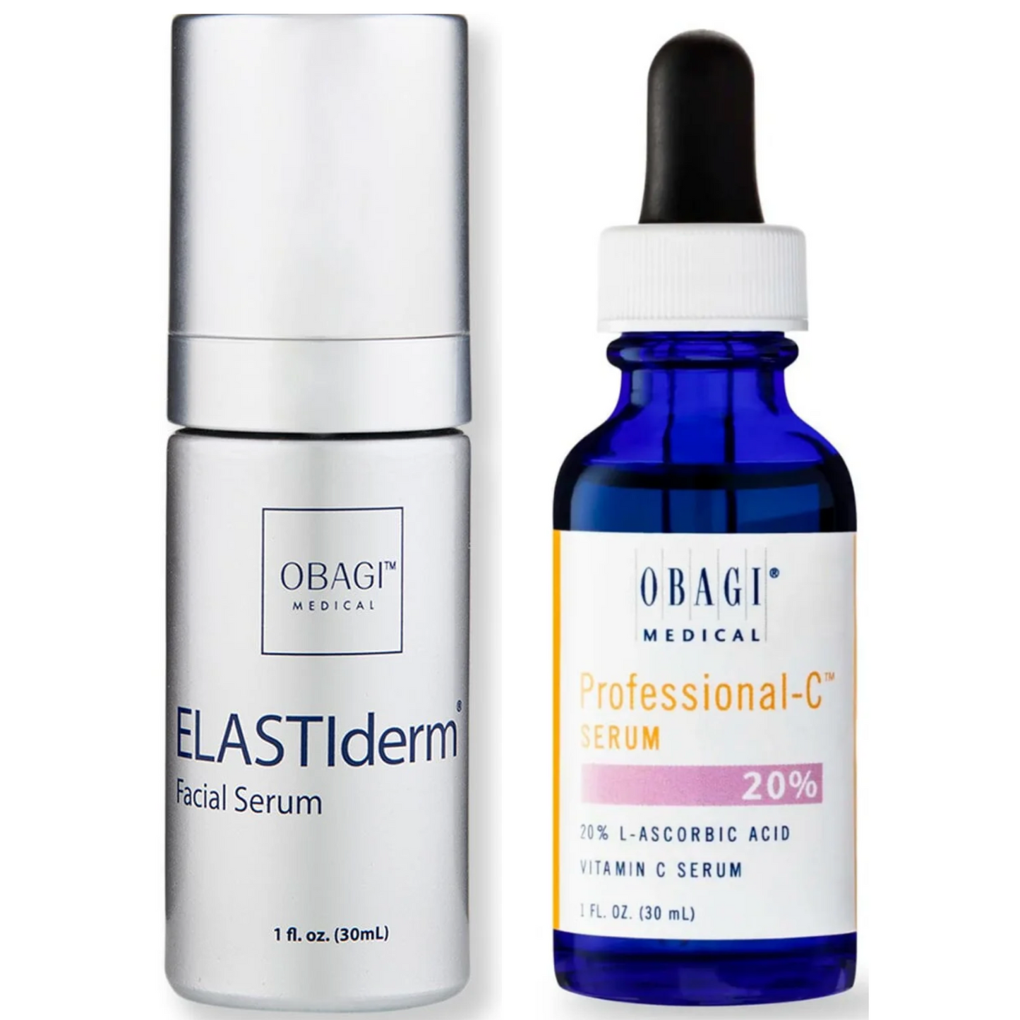 Two bottles of Obagi skincare products, one labeled as ELASTIderm Facial Serum and the other as Professional-C Serum with 20% Vitamin C concentration.